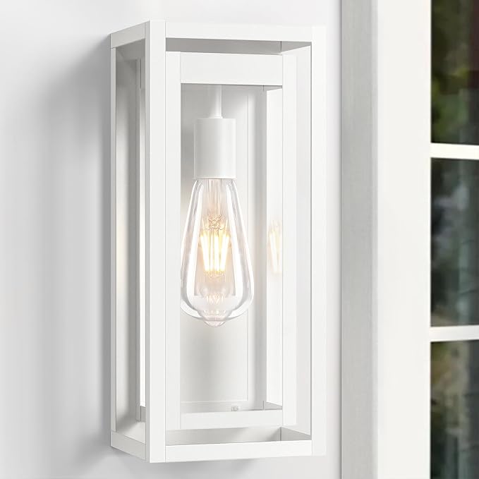 15" Large Outdoor Wall Lights, 2 Pack White Outdoor Light Fixtures, Modern Waterproof Exterior Lighting Sconces with Clear Glass Shade for Front Door, Porch, Garage