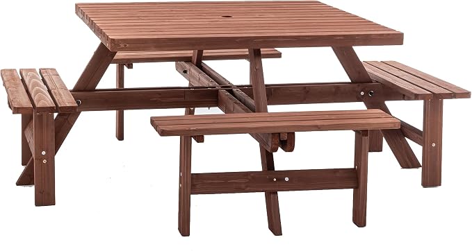 8 Person Square Picnic Table, Outdoor Picnic Table with 4 Built in Benches, Umbrella Hole, Outside Wood Dining Table Set for Patio, Backyard, Garden, Porch, 2220lb Capacity - Brown