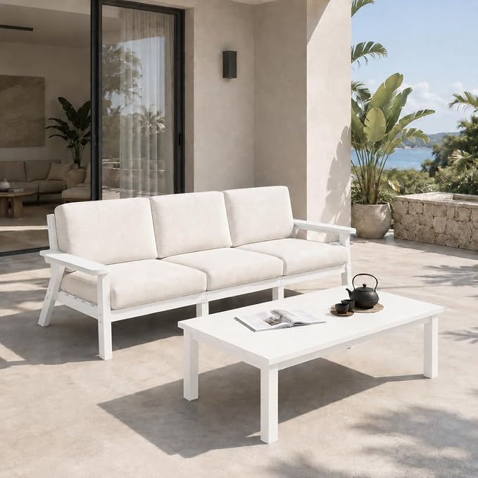 HDPE Outdoor Coffee Table, Weather-Resistant Rectangle Patio Coffee Table with Large Tabletop for Balcony, Deck, Garden, Poolside (White)