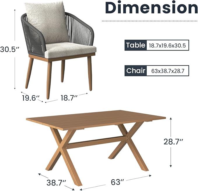 5-Piece Patio Dining Table Sets, Woven Wicker Dining Set with Rectangular Aluminum Table and Dining Chairs Modern Outdoor Dining Furniture Set for Outdoors and Indoors