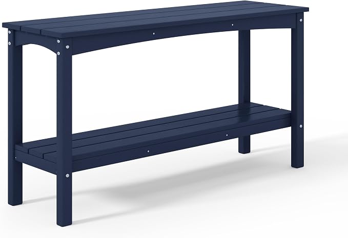 Costaelm Adirondack Outdoor Side Table, 55” HDPE Small Outside Table with Storage Shelf, Weather Resistant Plant Shelf, Outdoor Coffee Table and Buffet Table for Pool & Yard, Navy Blue