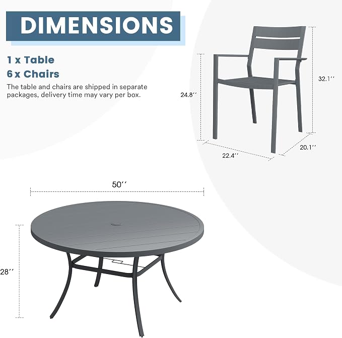 DIFY 7 Piece Outdoor Patio Dining Set for 6, Patio Table and Chairs Set with Umbrella Hole, 50" Round Dining Table and Stackable Metal Chairs for Backyard Garden Poolside, Grey