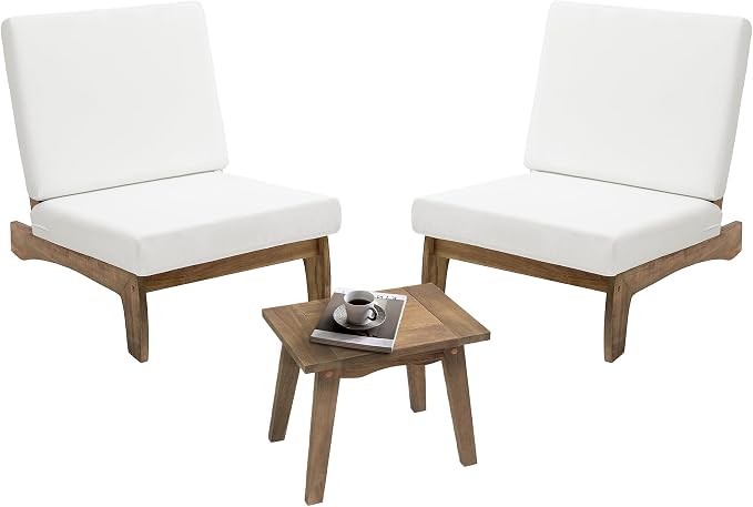 3 Piece Wood Outdoor Chairs Patio Bistro Set with Side Table, All Weather Outdoor Furniture Patio Sofa Chair Backyard Seating Group - Beige