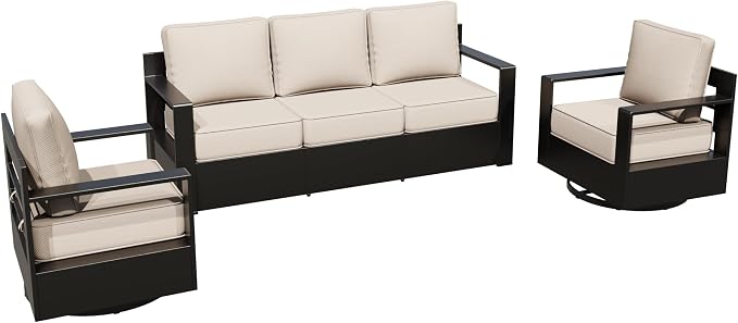 Aluminum Patio 79" Sofa Set with 2 Swivel Rocker Chairs, All Weather Outdoor Conversation Furniture with Metal Armrest & 6" Removable Cushions & Furniture Covers for Deck (Beige)