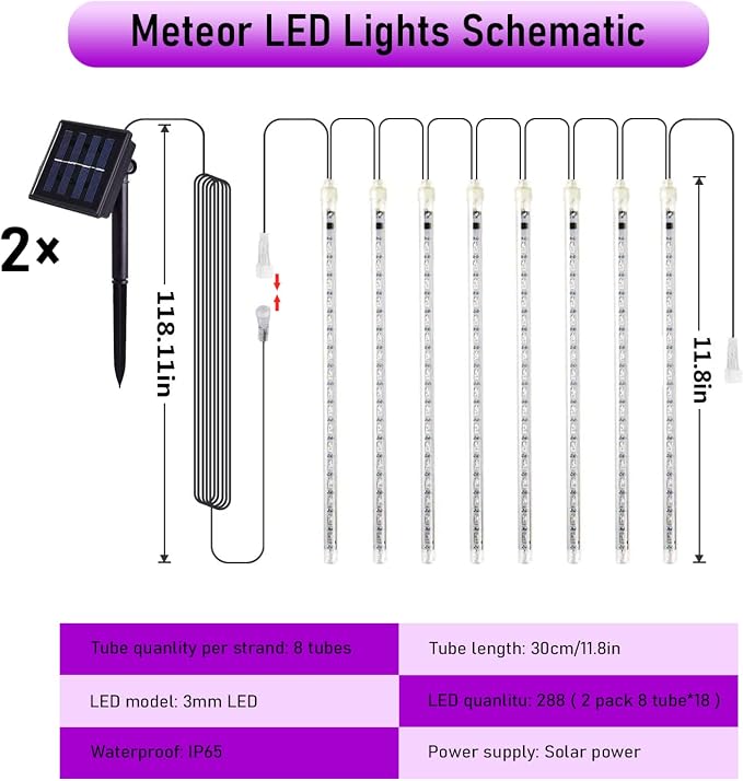 JMEXSUSS 2 Pack Purple Solar Halloween Lights, 16 Tube 288 LED | Solar Meteor Shower Rain Lights, Christmas Light Outdoor Waterproof for Tree Halloween Christmas Decorations