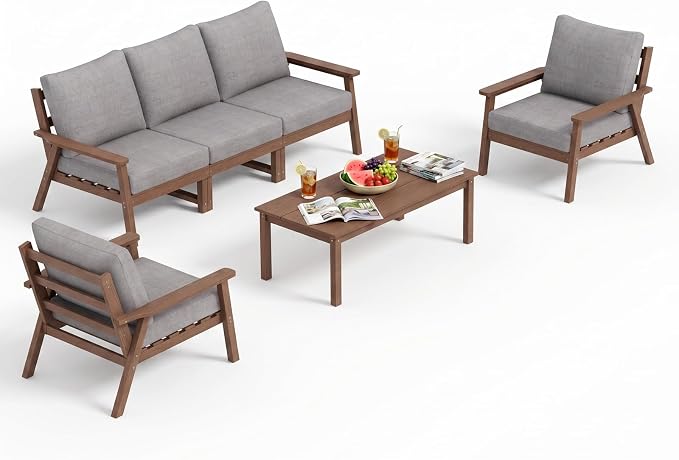 Ayge HDPE Patio Furniture Set,6 Piece Sectional Outdoor Furniture Set, All Weather Outdoor Couch Set Patio Conversation Set for Deck, Lawn, Brown