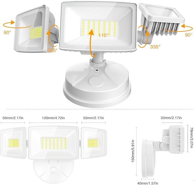 Onforu 75W Flood Lights Outdoor, 7000LM Brightness Security Lights Switch Controlled, 3 Adjustable Heads, IP65 Waterproof, 6500K Wall Mount Exterior LED Flood Light