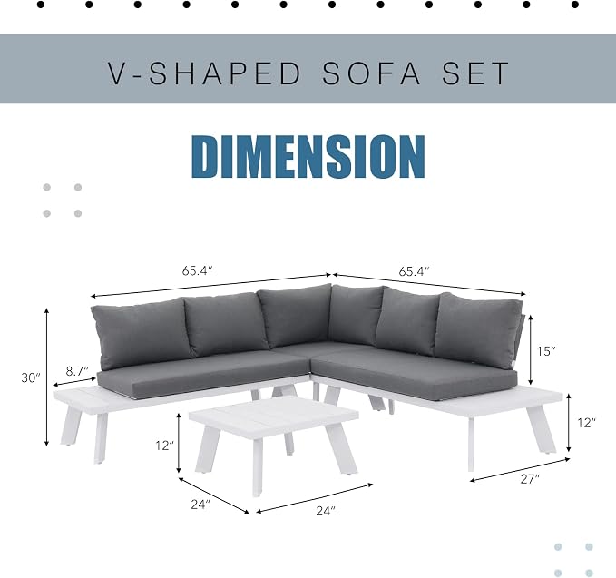 Soleil Jardin 4-Piece Outdoor Patio Furniture Set L-Shaped Aluminum Sectional Sofa with Coffee Table All-Weather Patio Conversation Set with Cushions, White