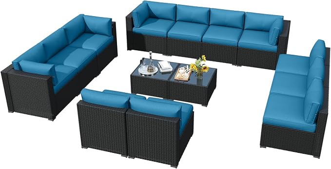 LazySunsets 14 Piece Outdoor Patio Furniture Set with Coffee Table, Outdoor Patio Furniture Set with 4'' Thicken Cushion, Wicker Rattan Outdoor Conversation Set for Backyard & Garden, Peacock Blue