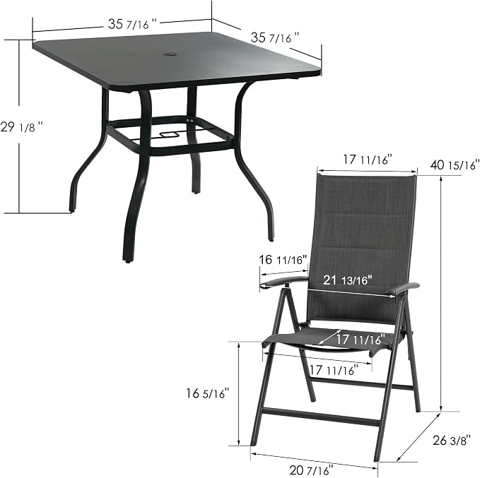 Kozyard 5-Piece Outdoor Patio Dining Set, Patio Table and Foldable Deck Chairs, Breathable Textilene Padded, Square Patio Table with Umbrella Hole for Backyard Indoor Outdoor Patio