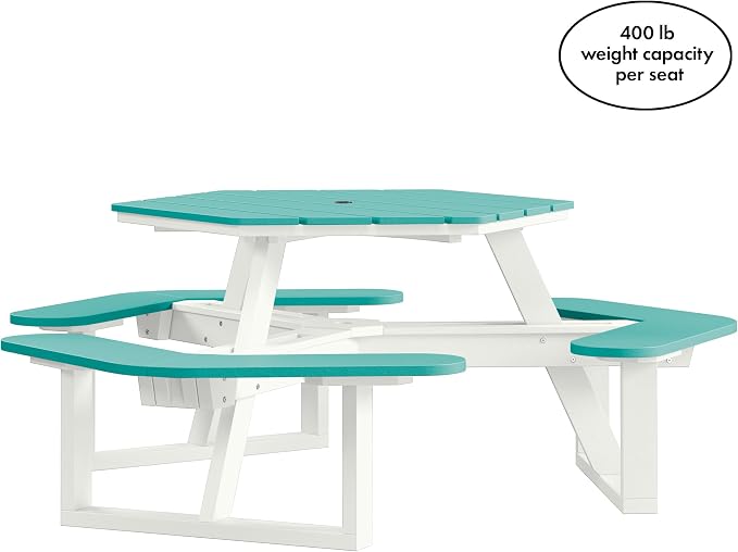 Shoreline Made in USA Hexagon Picnic Table, Seating for 6, White with Seaglass Blue