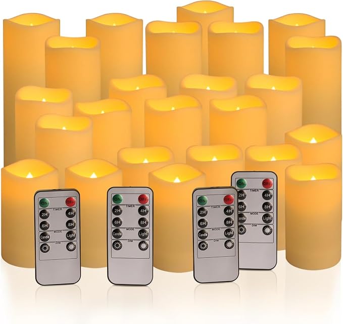 YOROXRG Set of 24 Waterproof Outdoor Flameless Candles, LED Candles with 4 Remote and Timer,(H 4" 5" 6" x D 2.2"),for Christmas,Halloween,Wedding,Festival