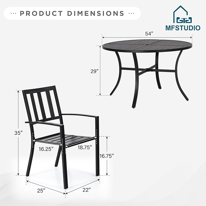 MFSTUDIO Round Patio Table and Chairs Set, Outdoor Dining Set for 6 with Umbrella Hole, 7 Piece Metal Patio Furniture Set for Deck Backyard Poolside Garden