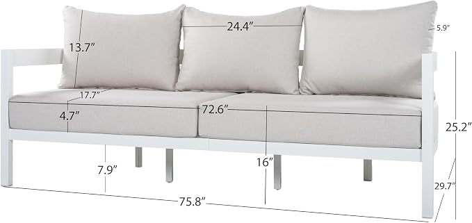 Merax 75.8" Modern Curved Outdoor Aluminum 3-Seater Sofa, Full-Size Patio Couch with Weather-Resistant Cushions for Porch, Lawn, Backyard, Balcony, White