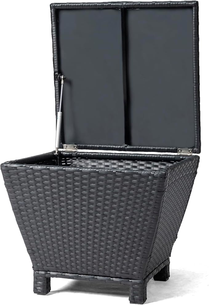 Outdoor PE Wicker Side Table with Storage, 13 Gallon Patio Storage Bin Container with Air Spring Lid, All-Weather Handwoven Rattan Coffee Table for Deck, Poolside & Garden, Black
