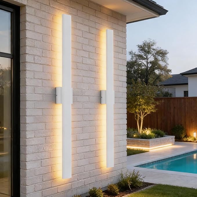 Aipsun 2 Packs Outdoor Wall Sconce, 3000K 4000K 6000K, 31.5in Modern White Exterior Light, Long LED Linear Wall Light Outside Lighting for Entrance, Hallway, Garage, Porch(3CCT)
