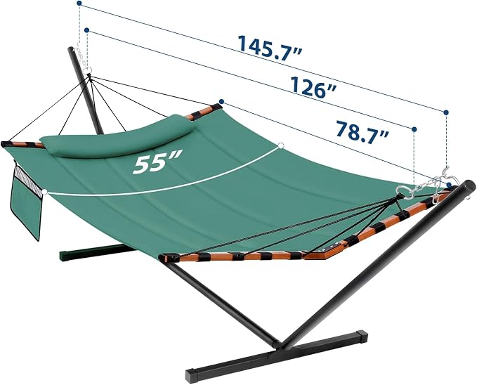 TegerDeger 12FT 2 Person Hammock with Stand Included 55 x 79IN Large Hammock 450LB Capacity with Hardwood Spreader Bar & Nylon Rope for Outside, Patio, Garden, Backyard, Beach - Deep Lake Blue 2