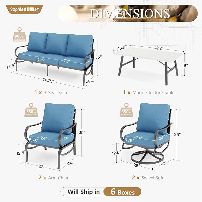 Sophia & William Patio Furniture Sets for 7 Outdoor Conversation Set 6 Pcs with 4 x Armrest Cushioned Sofa Chairs, 1 x 3-Seat Sofa, 1 Marbling Metal Coffee Table Garden Backyard Poolside Navy