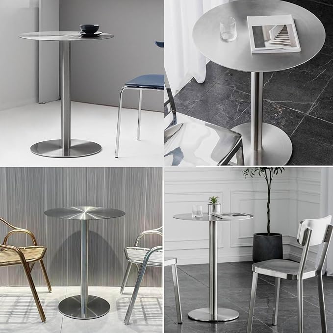 Round Dining Tables Leisure Table with Stainless Steels Table Top and Stable Base for Living Room Balcony Garden Outdoor, Space Saving(60x60x75cm)