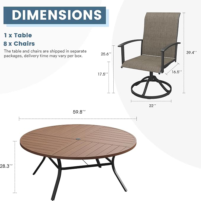DIFY 9 Pieces Outdoor Dining Set, Metal Patio Table and Chairs Set for 8 with Umbrella Hole, 59.8" Walnut Round Table and Brown Textilene Swivel Patio Chairs for Garden, Backyard, Poolside