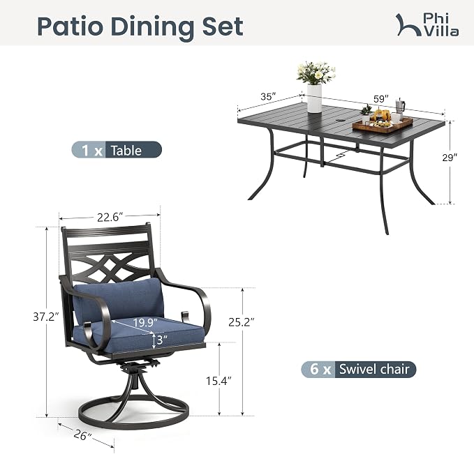 PHI VILLA Patio Dining Set, Swivel Chairs, Metal Table | Metal chairs, Blue Cushion, Umbrella Hole, Cushions, E-coated