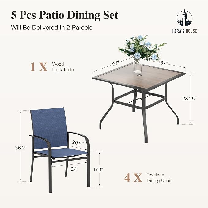 HERA'S HOUSE Patio Dining Set for 4, Wood-Look Metal Table, Blue Chair | 37" outdoor square table + textilene chairs, All-weather, rust-resistant for Lawn Garden Backyard