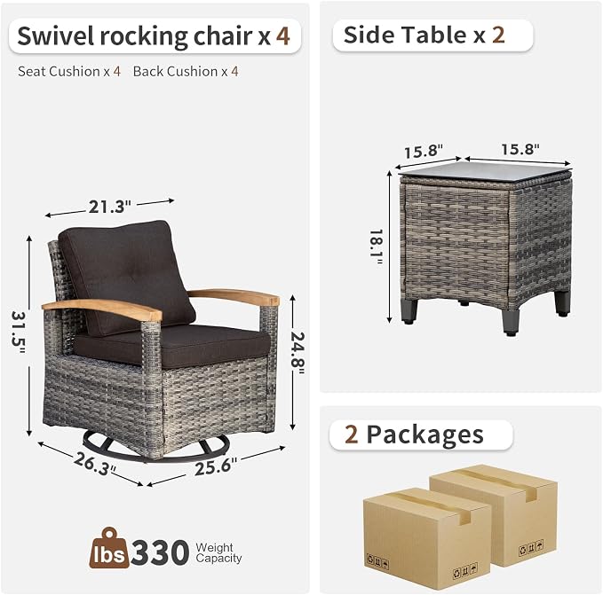 MEISSALIVVE 6 Pieces Patio Furniture Sets, Wicker Patio Conversation Sets with 4 Wood Armrests Swivel Glide Chairs,Outdoor Conversation Set for Deck Yard and Poolside (Black)
