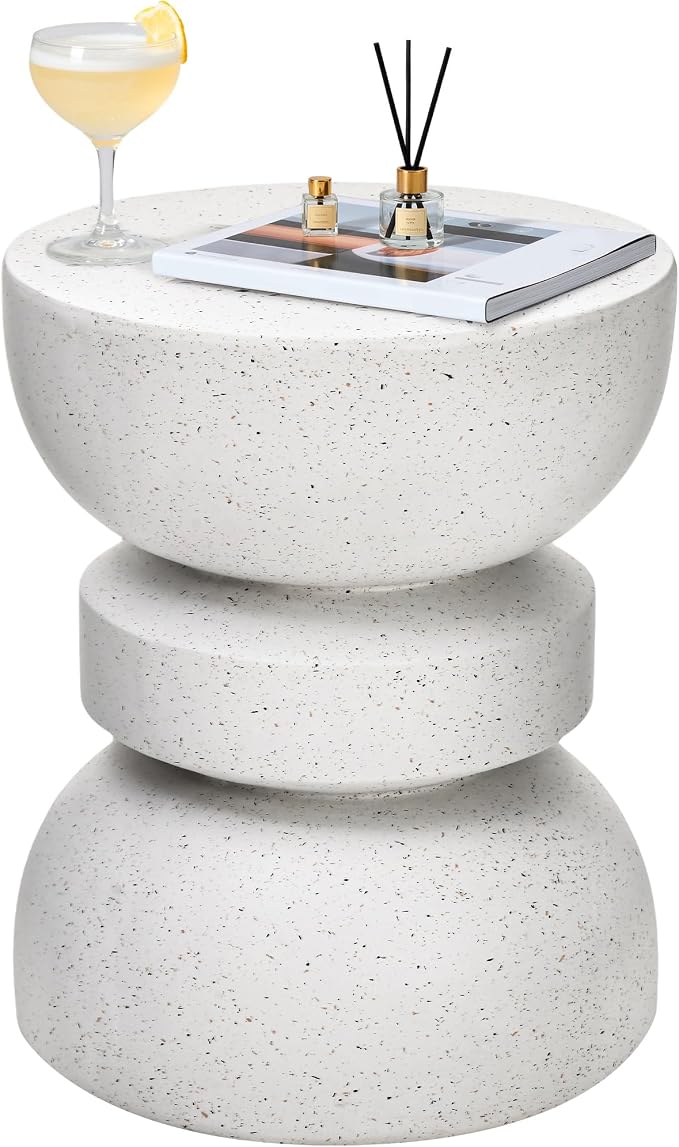 18" Outdoor Side Table, Modern Hourglass Garden Stool in Painted Faux Terrazzo-Look, Patio Coffee Accent Table Decorative, Durable Weatherproof MGO & Easy Assembly Round Table for Room Porch