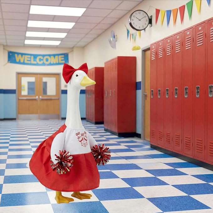 Cheerleader Porch Goose Outfits, Red Goose Outfit with Pom Poms & Bow for 23 Inch Goose Statue, Festive Goose Costume for Garden Porch Yard Lawn Patio Decor