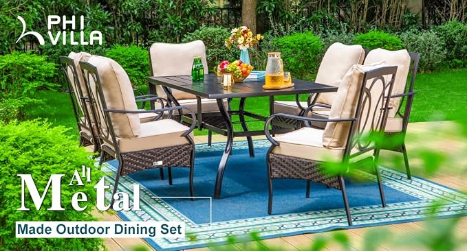 PHI VILLA Patio Dining Chairs Outdoor Wicker Chairs Set of 4 with Cushions | Heavy Duty Outdoor Metal Wicker Dining Chair with Padded Cushions, Large All Weather Wrought Iron Patio Chair for Balcony