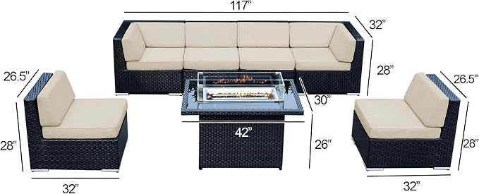 Fully Assembled Ohana 7 Piece Aluminum Wicker Patio Furniture Sunbrella Navy Cushion Oversize Conversation Set with 42-inch Propane Gas Fire Table