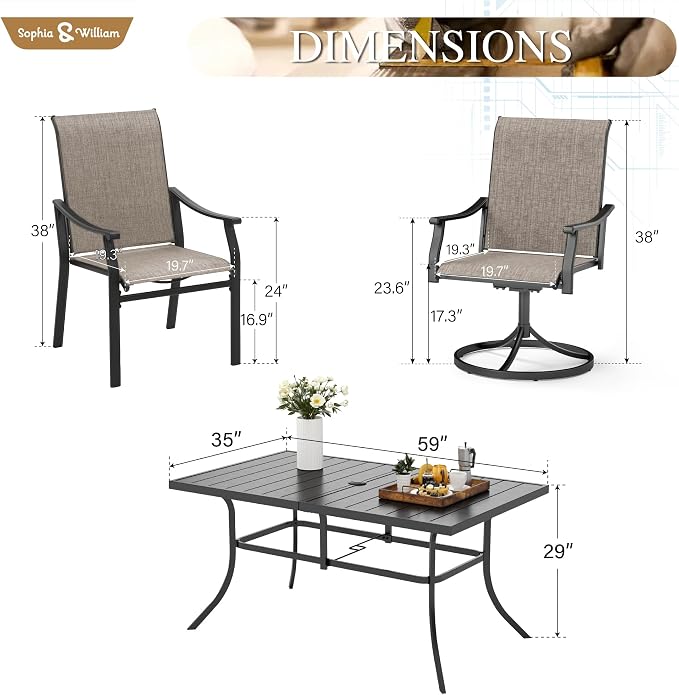 Sophia & William Outdoor Dining Set for 6, Patio Furniture Table Chairs Set | For patio deck backyard, Weather-resistant, Breathable & Quick-Drying, 2 swivel chairs, Adjustable Umbrella hole