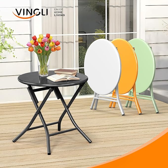 VINGLI Patio Metal Folding Side Table, Portable Small Outdoor Folding Round Table, Perfect for Indoor and Outdoor Spaces Like Balconies, Backyards, Porches, and Patios.Black(1 Pack)