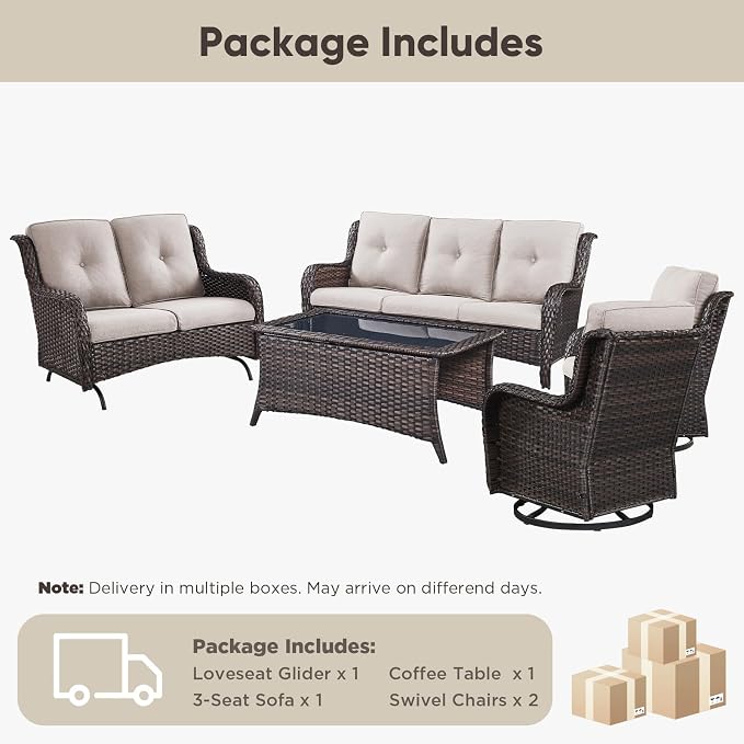 Belord 5 Piece Outdoor Wicker Furniture, Patio Swivel Rocking Chairs with Loveseat and 3 Seat Sofa,All Weather Patio Conversation Furniture Set, for Backyard Poolside Brown Wicker/Beige