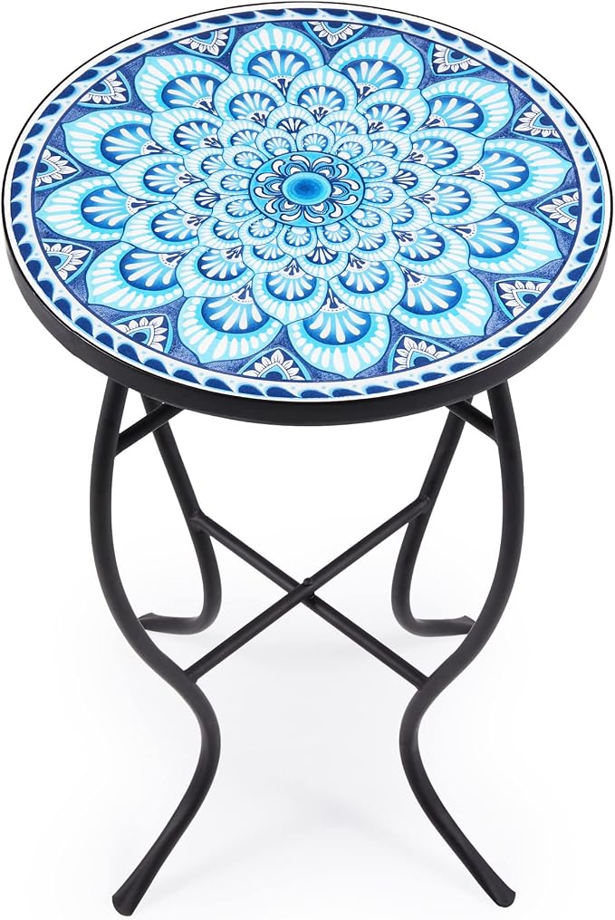 VONLUCE Mosaic Side Table and Plant Stand, 21" Round End Table with 14" Ceramic Tile Top, Indoor & Outdoor Accent Table, Porch Patio Furniture, Entryway & Coffee Table for Home & Garden, Blue Mandala