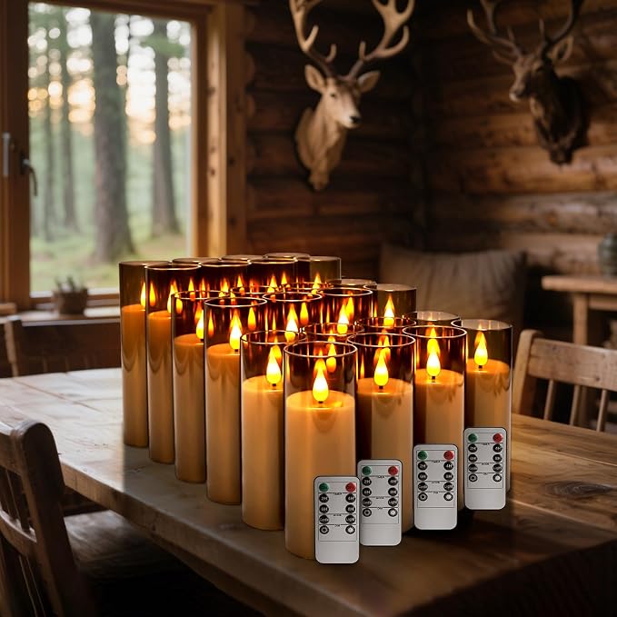 YOROXRG Halloween Decoration Flickering Flameless Candles Battery Operated Timer Led Pillar Candles with Realistic Moving Wick Candles for Home Decor 24 Pack (D2.2 xH 5" 6" 7")(Grey)