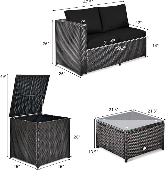 HAPPYGRILL 4 Pieces PE Rattan Wicker Conversation Set Outdoor Patio Furniture Sofa Set with Storage Box and Tempered Glass Coffee Table for Backyard Garden Porch