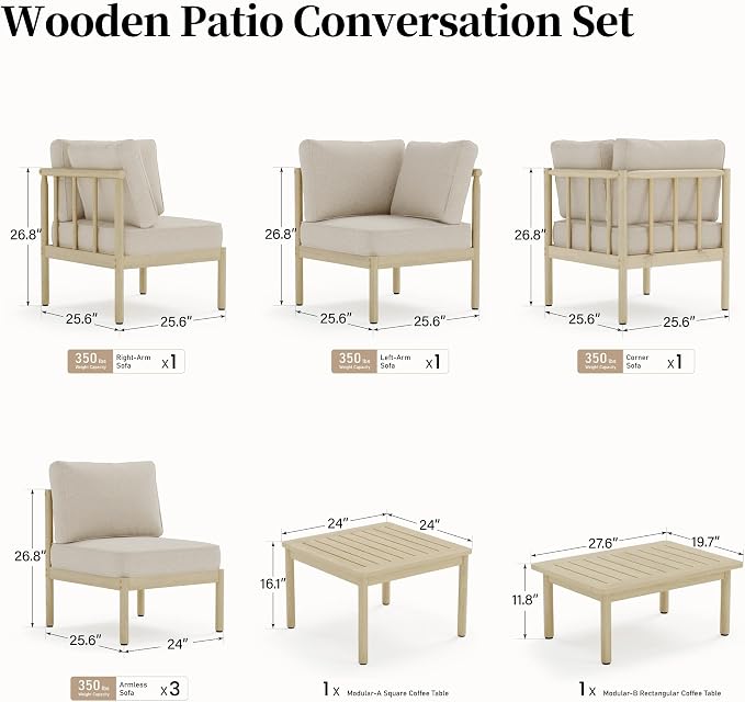 SUNSHINE VALLEY Patio Furniture,Acacia Wood Outdoor Sectional Sofa with 5.5" Ultra-Thick Cushions, L Shaped Modular Patio Conversation Set,Lawn Garden Backyard Couch Set with Nesting Tables,Beige