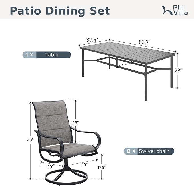 PHI VILLA 9 Piece Outdoor Dining Set W/Swivel Chairs, Grayish Brown | High back padded chairs,All weather reistant, Rectangular metal table, 8 person, Umbrella hole, Patio deck backyard