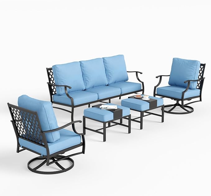 SUNSHINE VALLEY 5 Piece Metal Outdoor Patio Furniture Sets, Patio Conversation Sets 1 3-Seater Sofa, 2 Swivel Chairs, 2 Ottomans with 5.75" Thick Cushion, Black All-Weather Backyard Furniture, Blue