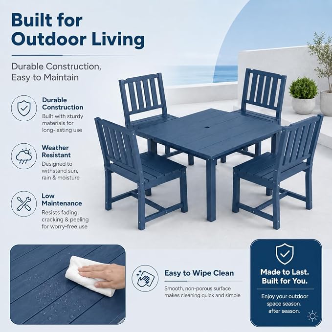 HDPE Outdoor Dining Set for 4, Square Table & Chairs Set | • All-Weather Polywood Composite • 410 lbs Heavy-Duty Support • Built-In 2" Umbrella Hole • Easy Soap-Water Wash