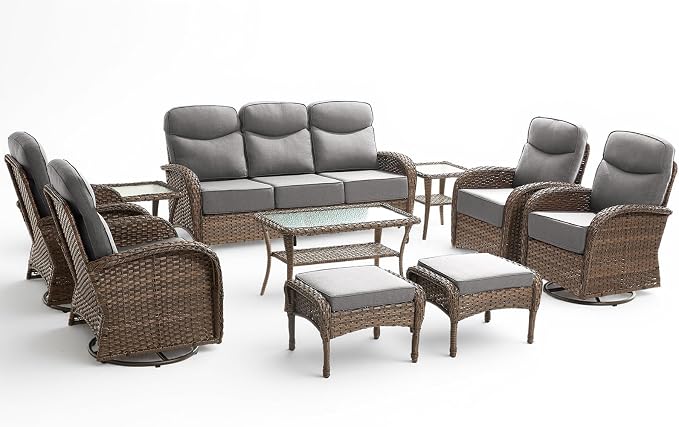10 Pieces Luxury Outdoor Patio Furniture Set with 6-Inch Thick Cushions, Wicker Outdoor Furniture with High Back Swivel Patio Chairs Set of 4, Wicker Conversation Set for Deck Garden Porch, Gray