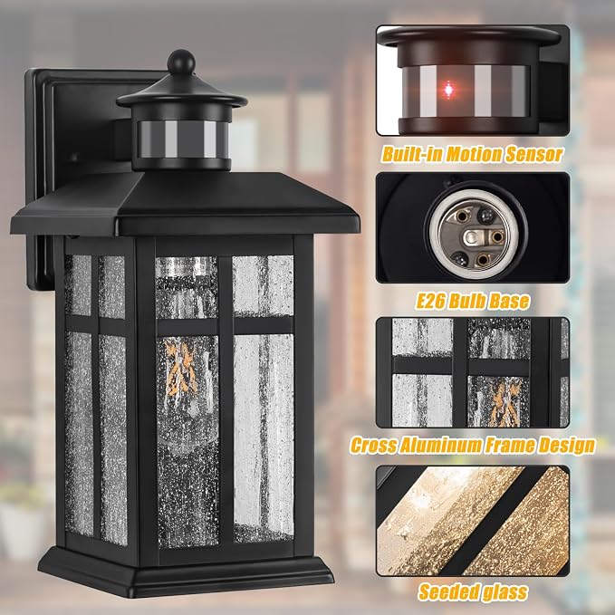 Brilvibera Outdoor Wall Light Motion Sensor, Dusk to Dawn Outdoor Lighting | Exterior Light Fixture, Black Porch Lights & Outdoor Dusk till Dawn Wall Mount Light for House Garage Entryway