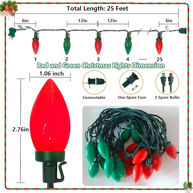 C9 Red and Green Chistmas Lights Outdoor, 25Ft Vintage Christmas Light 25 LED Red Green Bulb Lights Plug-in for Xmas Tree Party Christmas Valentines St. Patrick's Decor