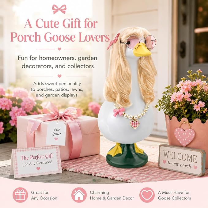 Porch Goose Summer Outfits Wigs Blonde 1 Pack Summer Outfits for Porch Goose with Blonde Long Wigs Princess Style Outdoor Decor for Lawn Goose Statues