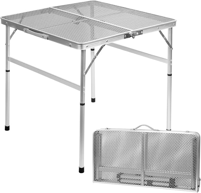 Square Folding Card Table with Adjustable Height (12" & 26"), Silver Portable Metal Mesh Table for Camping, BBQ, Picnic, Game, Patio & Indoor Use, Fits 2–4 People, Lightweight 7.6 lb, Supports 66 lb