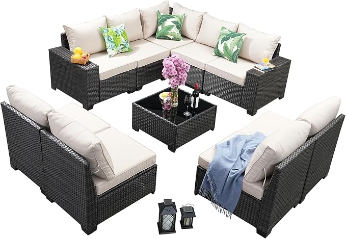 10 Pieces Patio Furniture Set, Wicker PE Rattan Outdoor Sectional with Cushion & Coffee Table, Patio Conversation Sofa for Garden, Backyard, Poolside, Beige