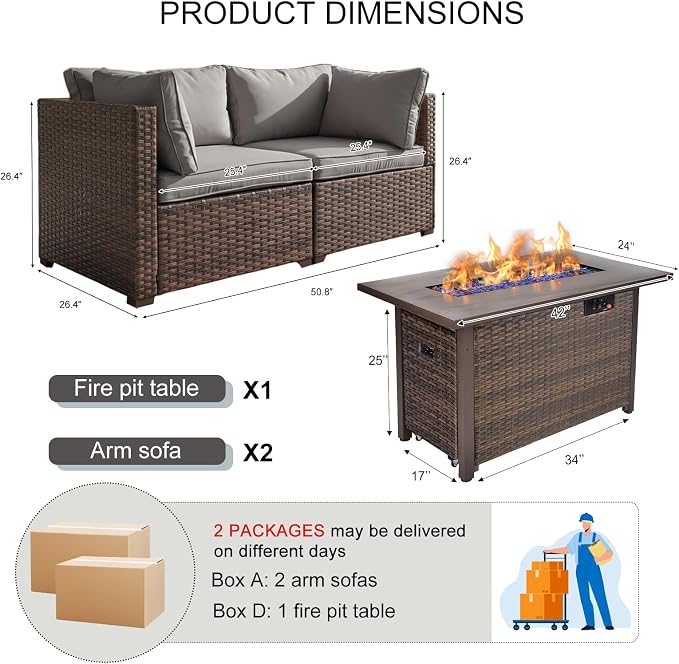 3 Pieces Patio Furniture Set with Fire Pit Table, Outdoor PE Rattan Sectional Sofa with Soft Cushions for Backyard, Porch, and Poolside (Gray, 3 PCS w/Firepit)
