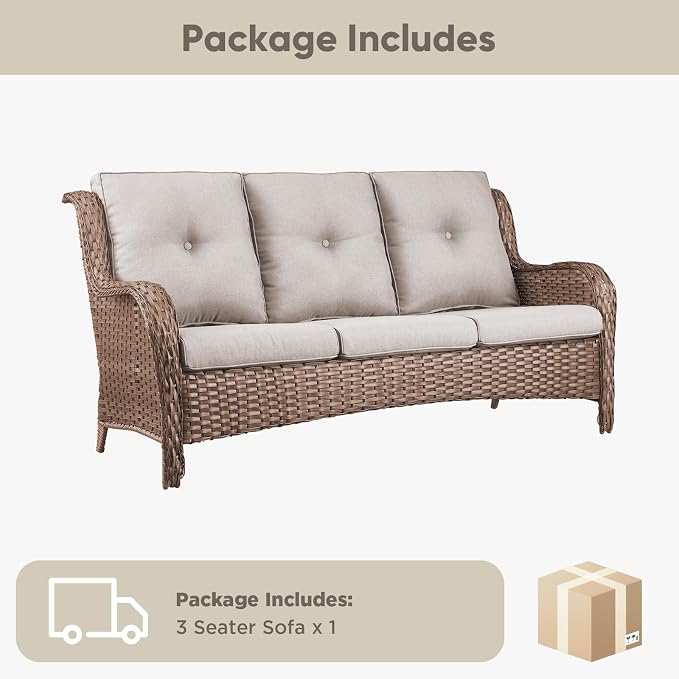 Belord Patio Sofa Luxury PE Wicker 3-Seater Outdoor Couch, Modern All-Weather High Back Deep Seat Woven Furniture Set for Porch, Deck, Balcony, Backyard - Yellow