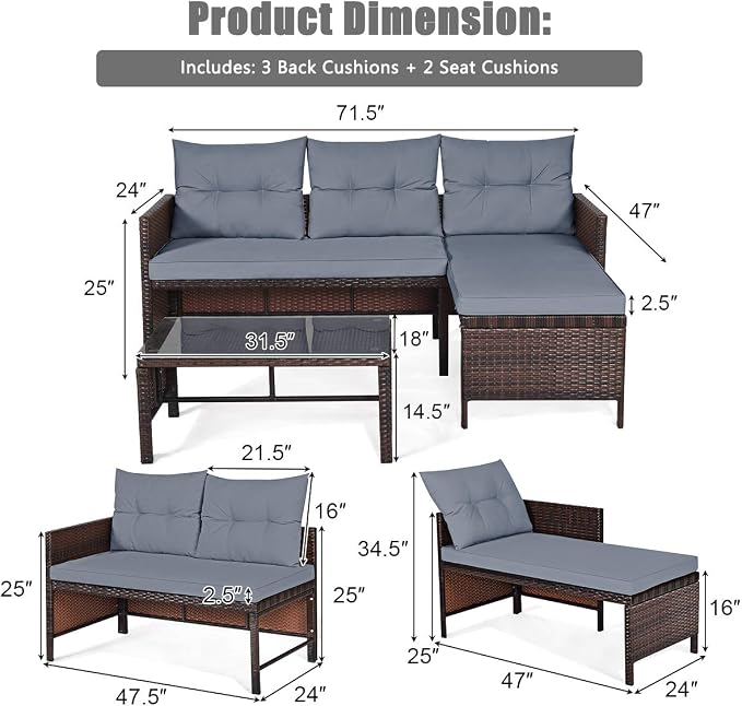 HAPPYGRILL 3 PCS Patio Conversation Set Sectional Rattan Wicker Sofa Set with Steel Frame & Seat Cushion, Outdoor Table & Sofa Furniture Set for Garden Lawn Pool Backyard
